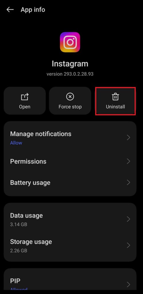 Instagramアプリのアンインストールまたは削除